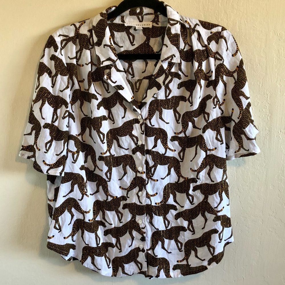 Jane + Delancey Leopard Blouse Gold Tinsel Stripe Button Up Front SZ. S Cropped